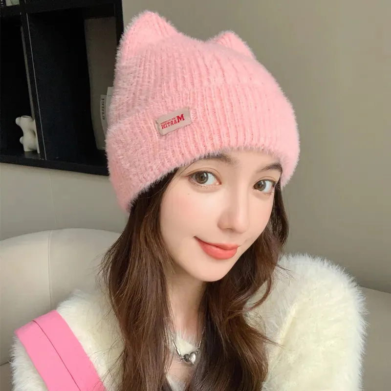 BeanieSkull Caps Women Cute Cat Ear Earflap Winter Hat Fashion Fur Knitted Kpop Style Soft Beanie Hats Candy Female_voghion.com