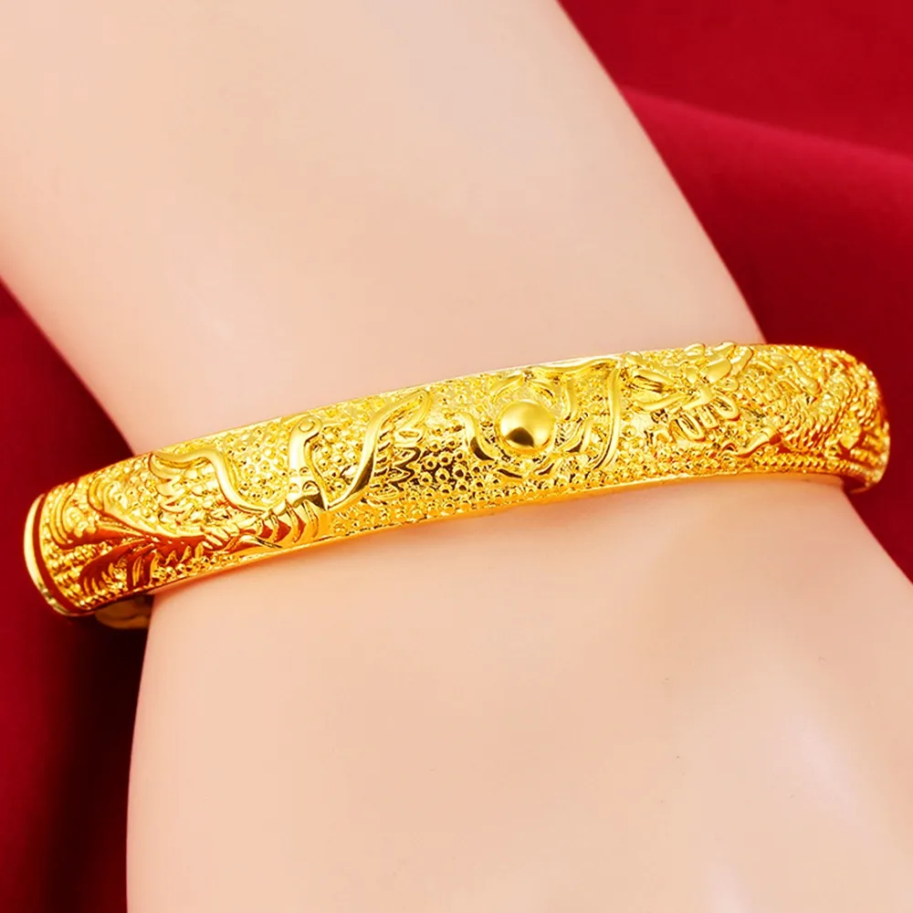 Armring Phoenix Dragon Mønster Dame Massivt Gult Guld Fyldt Armbånd Klassisk Stil Bryllupsfest Tilbehør_voghion.com