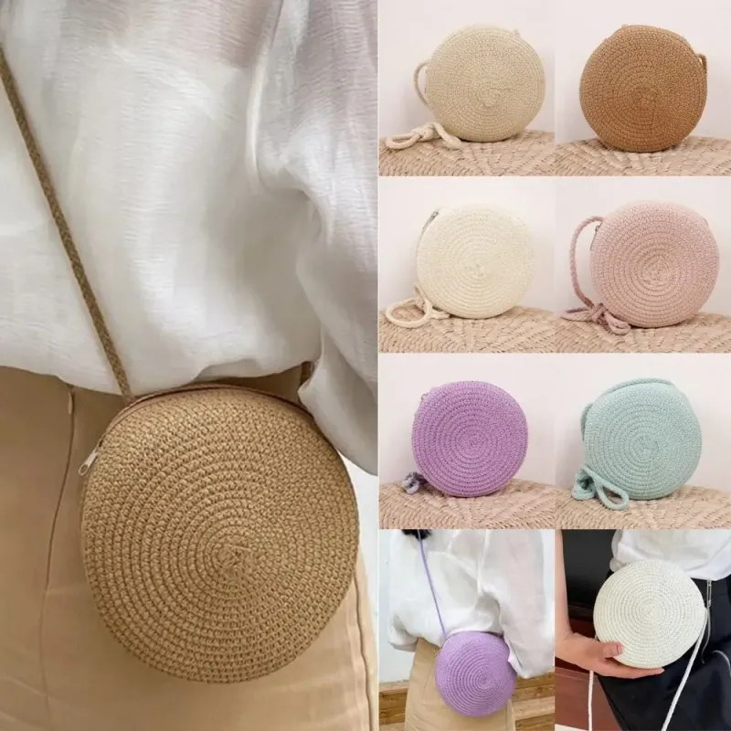 Runde Umhängetasche Stroh für Damen, gewebte Strandtasche aus Rattan, handgefertigt, gestrickt, kleine Handtasche in_voghion.com