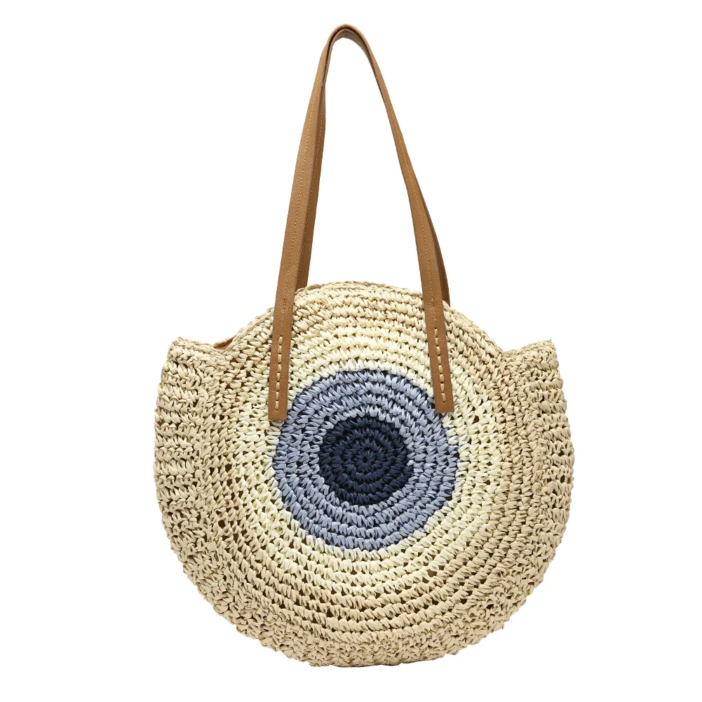 Borsa a tracolla rotonda estiva da donna in rattan intrecciato, in paglia, fatta a mano, da spiaggia, per la spesa, con manico superiore_voghion.com