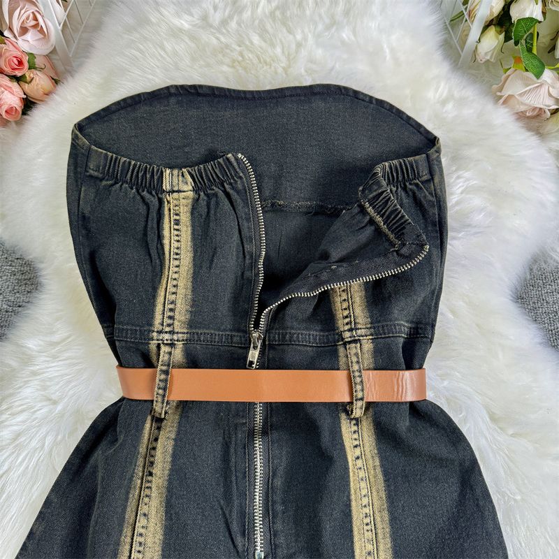 Rochie retro sexy din denim cu tub, cu un umăr, fără spate, cu coadă de pește, plisată pe șold, pentru femei_voghion.com