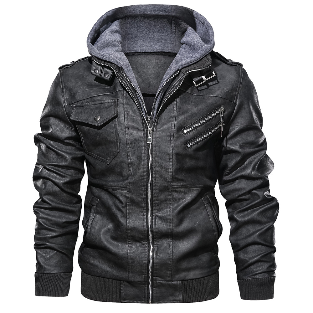 Men's Clothing leather jacket men's slim zipper PU motorcycle youth hooded coat jacket