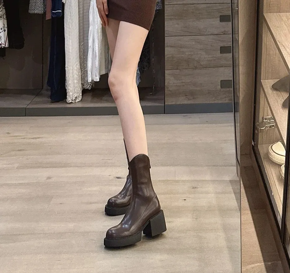 High ankle work very high heels brown short and chubby platform womens waterproof boots black Pu 240911_voghion.com
