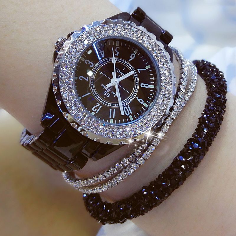 Yamaler elegante strass ceramica cinturino da donna rotondo analogico orologio da polso al quarzo regalo_voghion.com