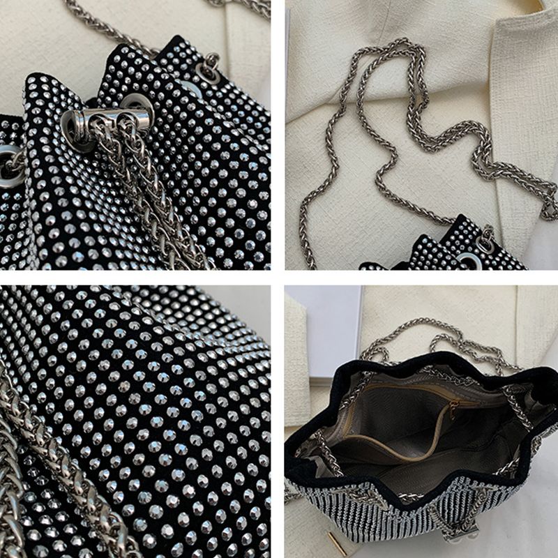 Helle Strass-Umhängetasche für Damen mit Ketten, Umhängetasche, Kordelzug, Eimer-Handtasche, Luxus-Achselhandtasche,_voghion.com