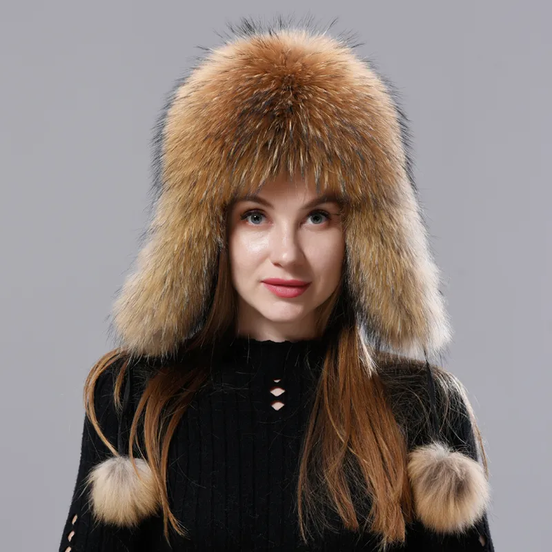 Gorro de aviación ruso de piel natural con orejas Ushanka para mujer, cálido, esponjoso y elegante, gorro de cola para mujer, gorros auténticos de moda para invierno._voghion.com