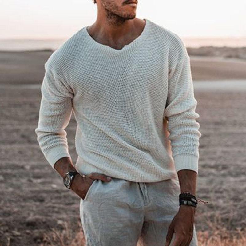 Modieuze gebreide casual loszittende trui, trui met V-hals en lange mouwen, oversized herenkleding_voghion.com