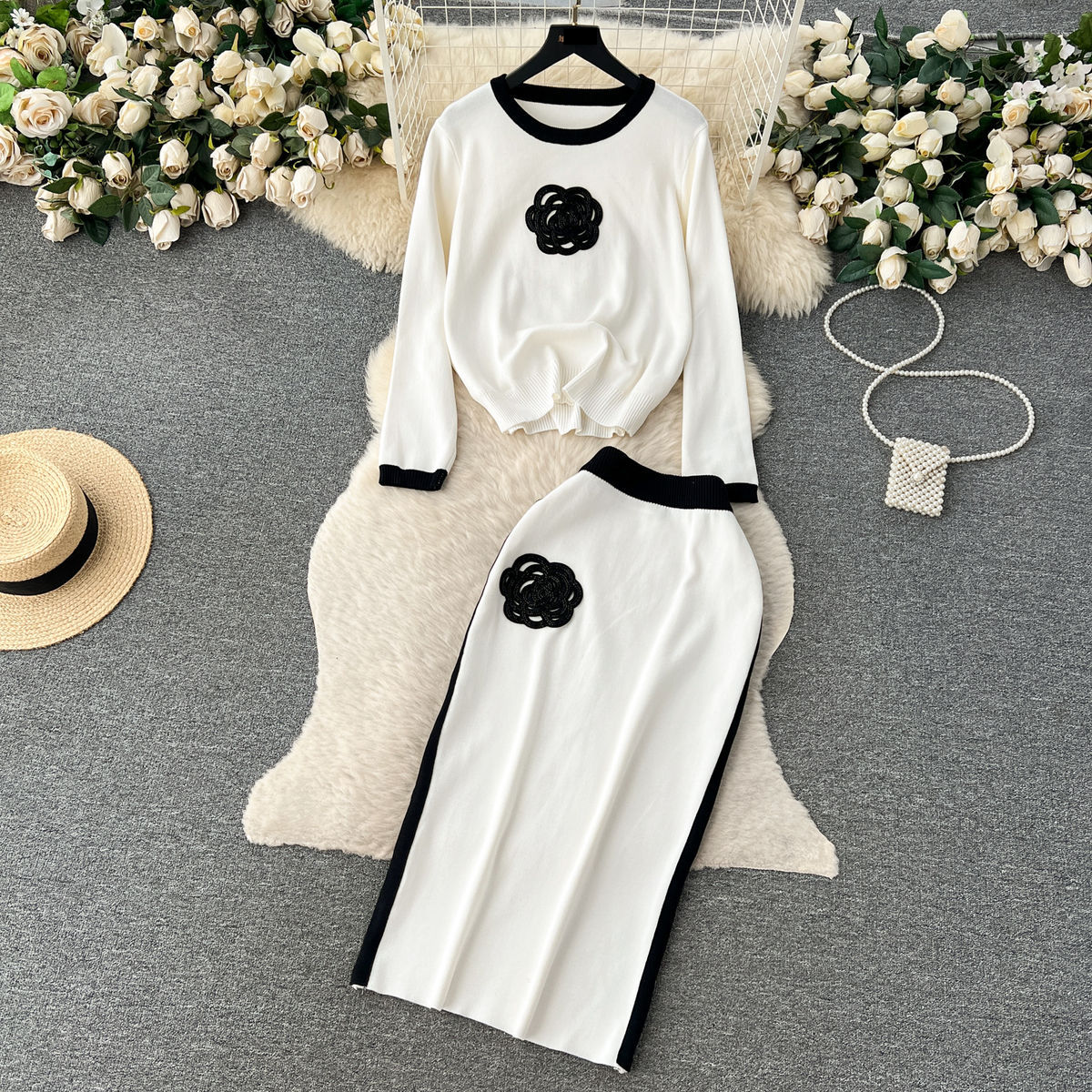 Ensemble deux pièces pour femme, t-shirt ample à manches longues et col rond, design contrasté, jupe mi-longue slim taille haute