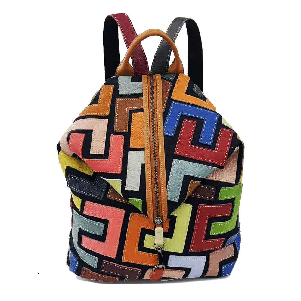 Vintage Lederrucksack Für Damen Bunter Patchwork Reise Rucksack_voghion.com