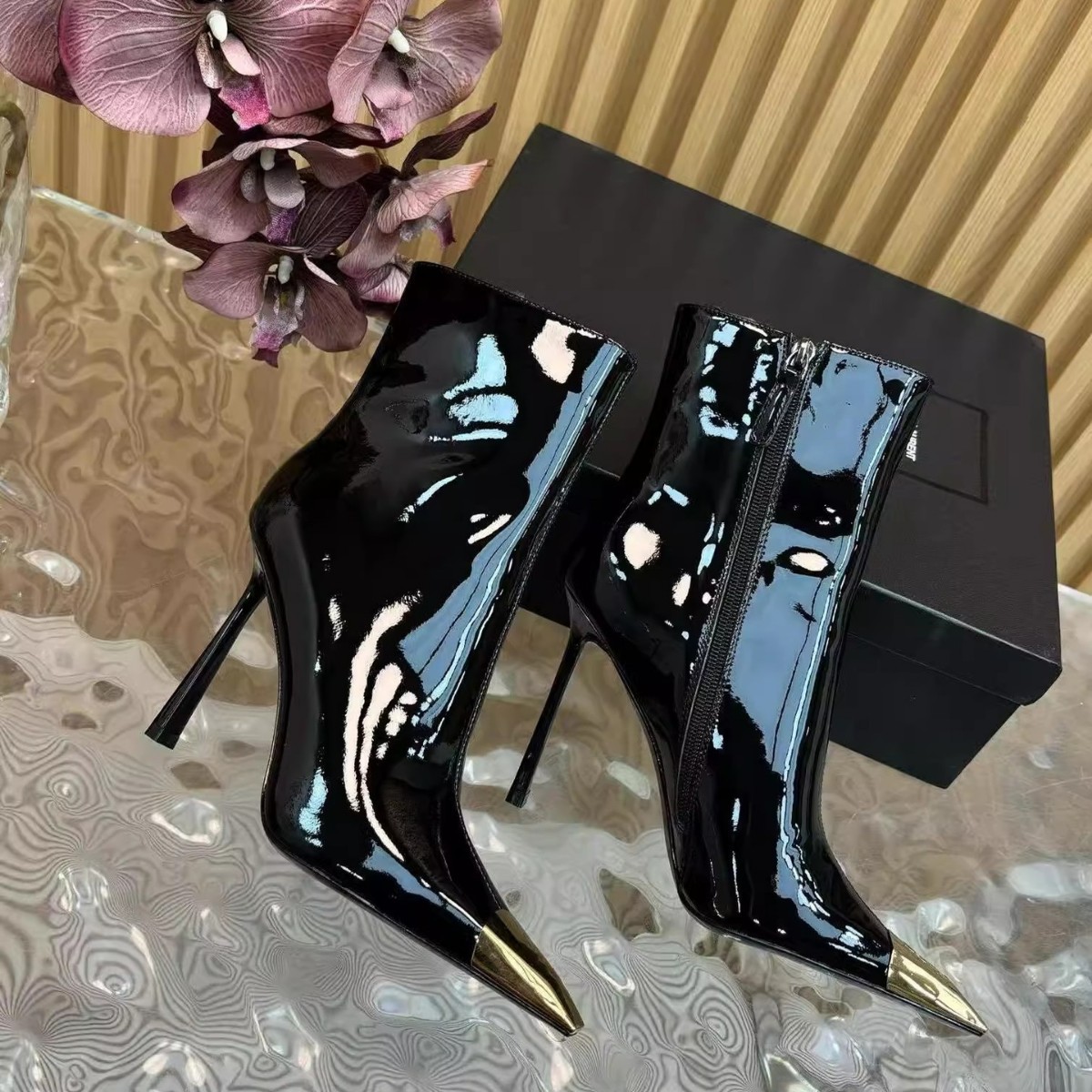 Zees Dropshipping Park Chae-young Same Style Pointed Toe Black High Ankle For Women Thin Heel Comfortable Patent Leather