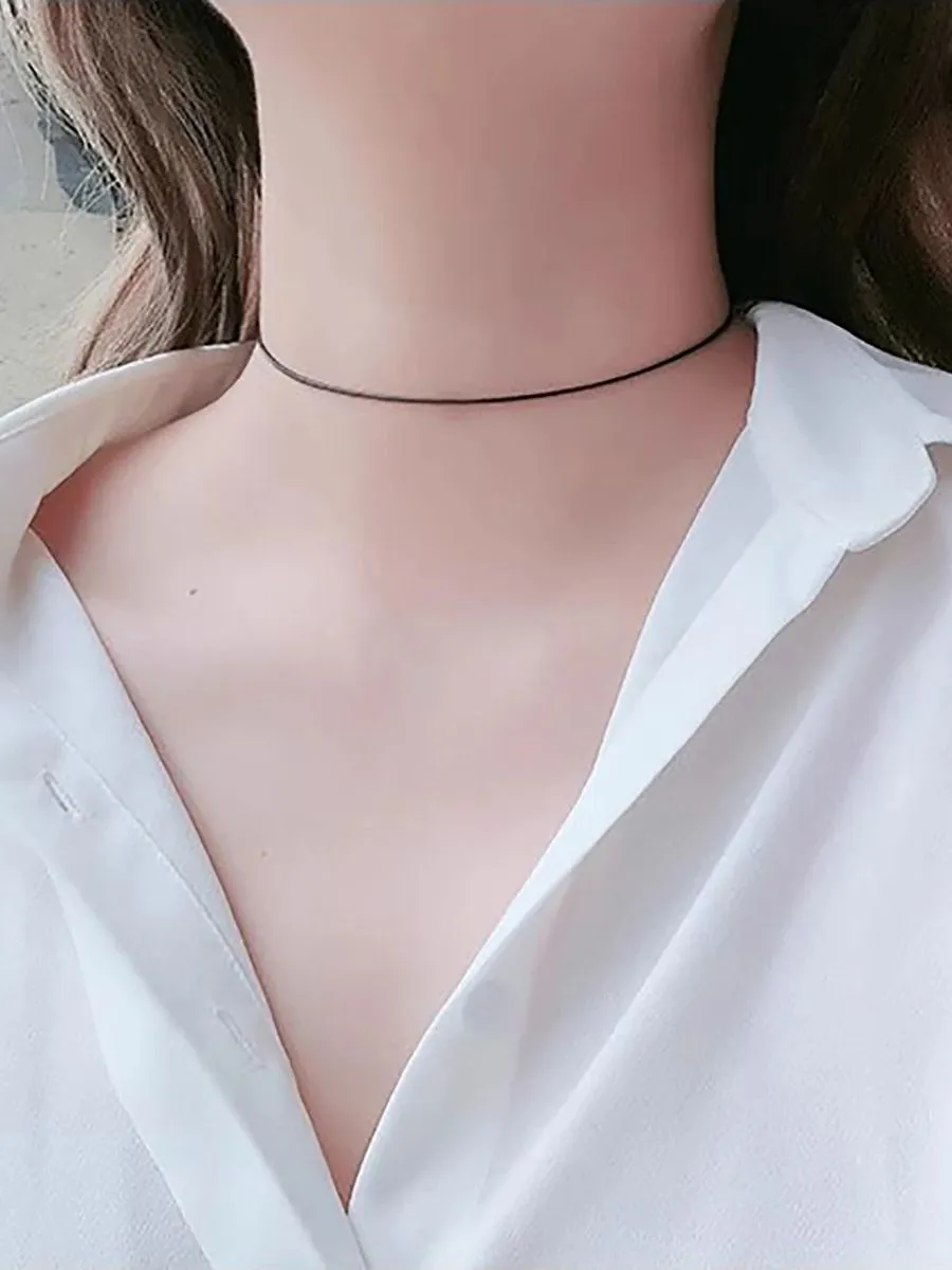 Chaînes Simple All-Over Corde De Cire Noire En Acier Inoxydable Métal Non Décoloré Ras Du Cou Chaîne De Clavicule Avec Collier Collier_voghion.com