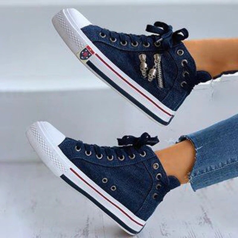 Scarpe alte in tela di denim oversize coreane per studentesse, scarpe da tavola con lacci a fondo piatto, scarpe singole con suola spessa_voghion.com