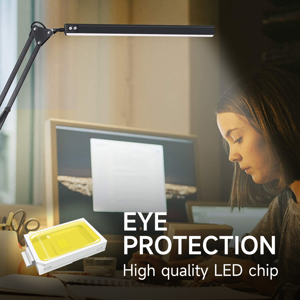 LED Folding clip long arm table lamp Eye-Care 3 Light colors Dimmable study Reading Desk Lights Swing Arm office Table Lamps_voghion.com