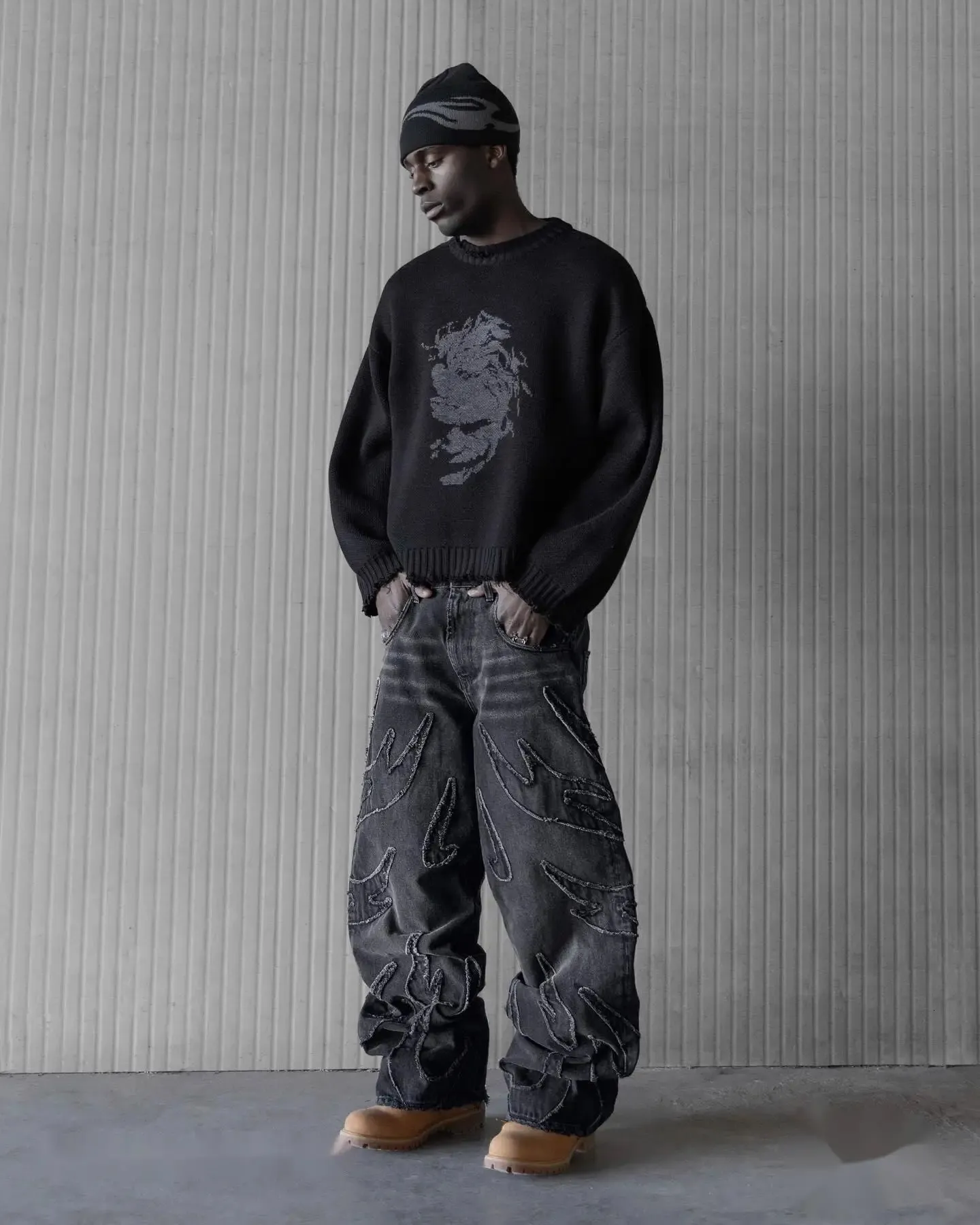 Y2k Retro crne vrećaste traperice za muškarce Hip Hop Punk Raw Edge vez Vintage uzorak Patchwork traperice visokog struka_voghion.com
