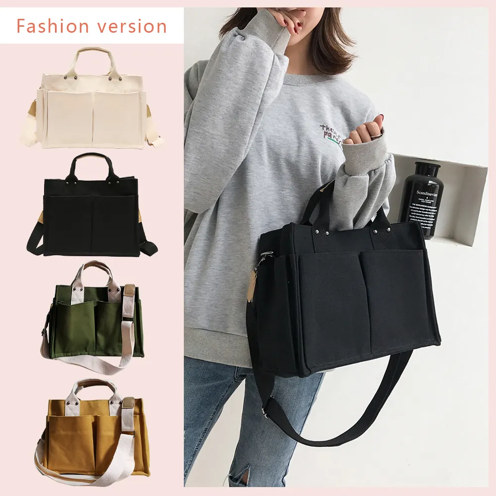 Borsa a tracolla in tela, alla moda, con manico superiore, grande capacità, multitasche, tracolla regolabile, semplice e portatile per il fine settimana_voghion.com
