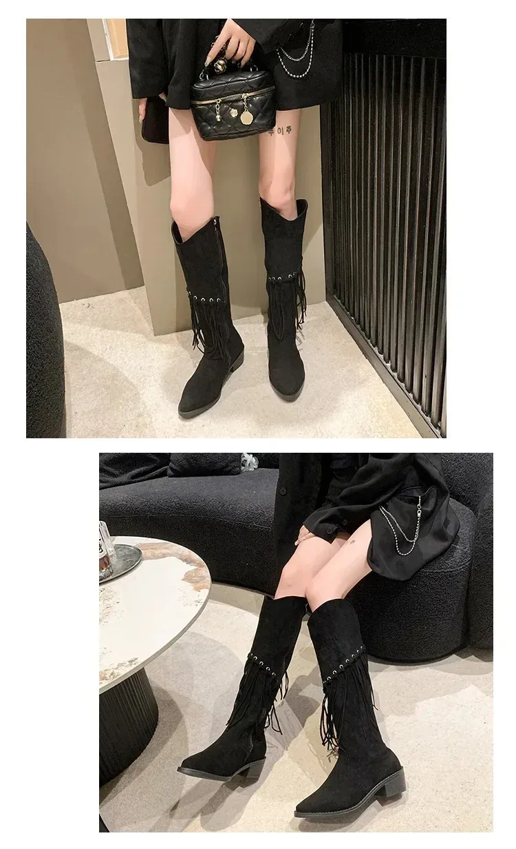 Stivali da donna in pelle scamosciata sintetica con nappe, stile bohémien, lunghi e corti, con tacco alto e paffuto, MUJI 240930_voghion.com