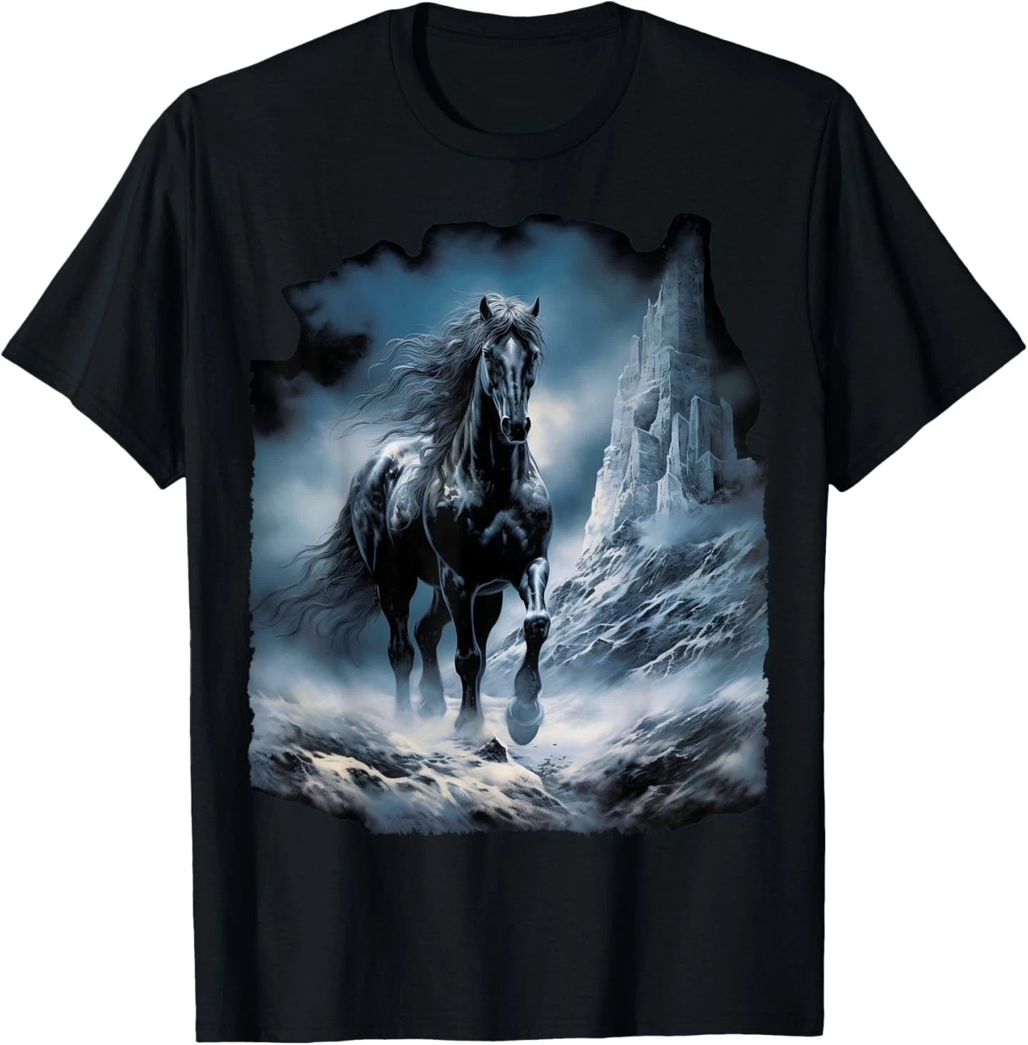 Schwarzes Pferd Im Schnee T-shirt Für Damen Und Herren_voghion.com