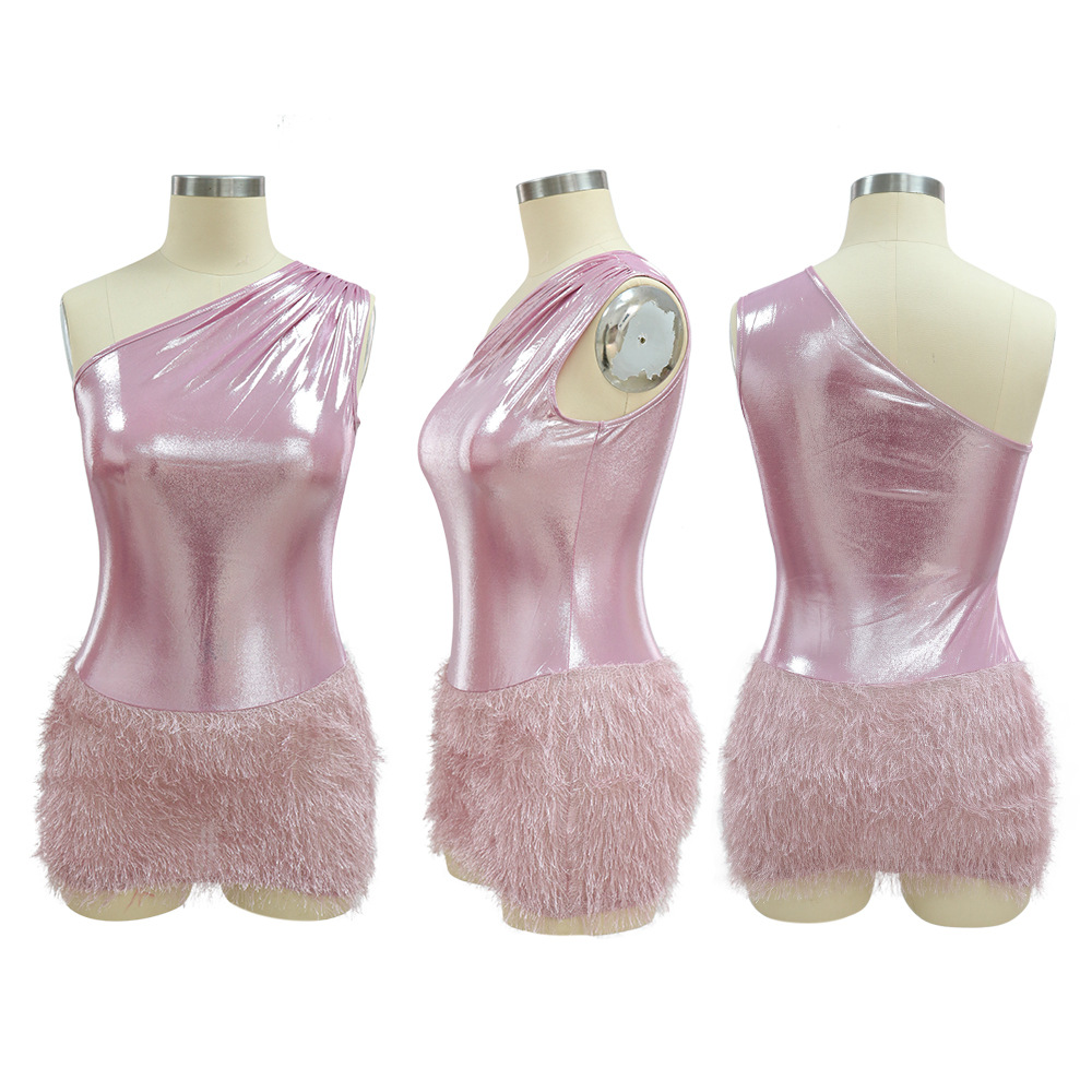 Women's Clothing New Product Fashion Sexy Slim Fit Hip Covering Bright Leather Knitted Wool One Shoulder Short Skirt_voghion.com
