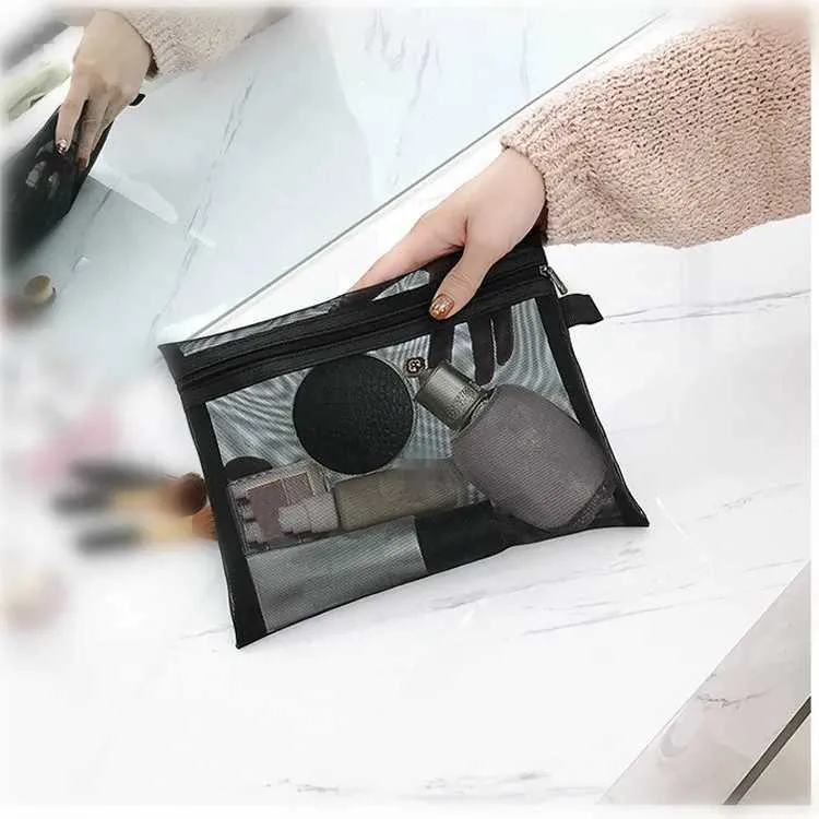 Nouveau petit sac de rangement de toilette de voyage portable en maille transparente noire pour cosmétiques Y241023_voghion.com