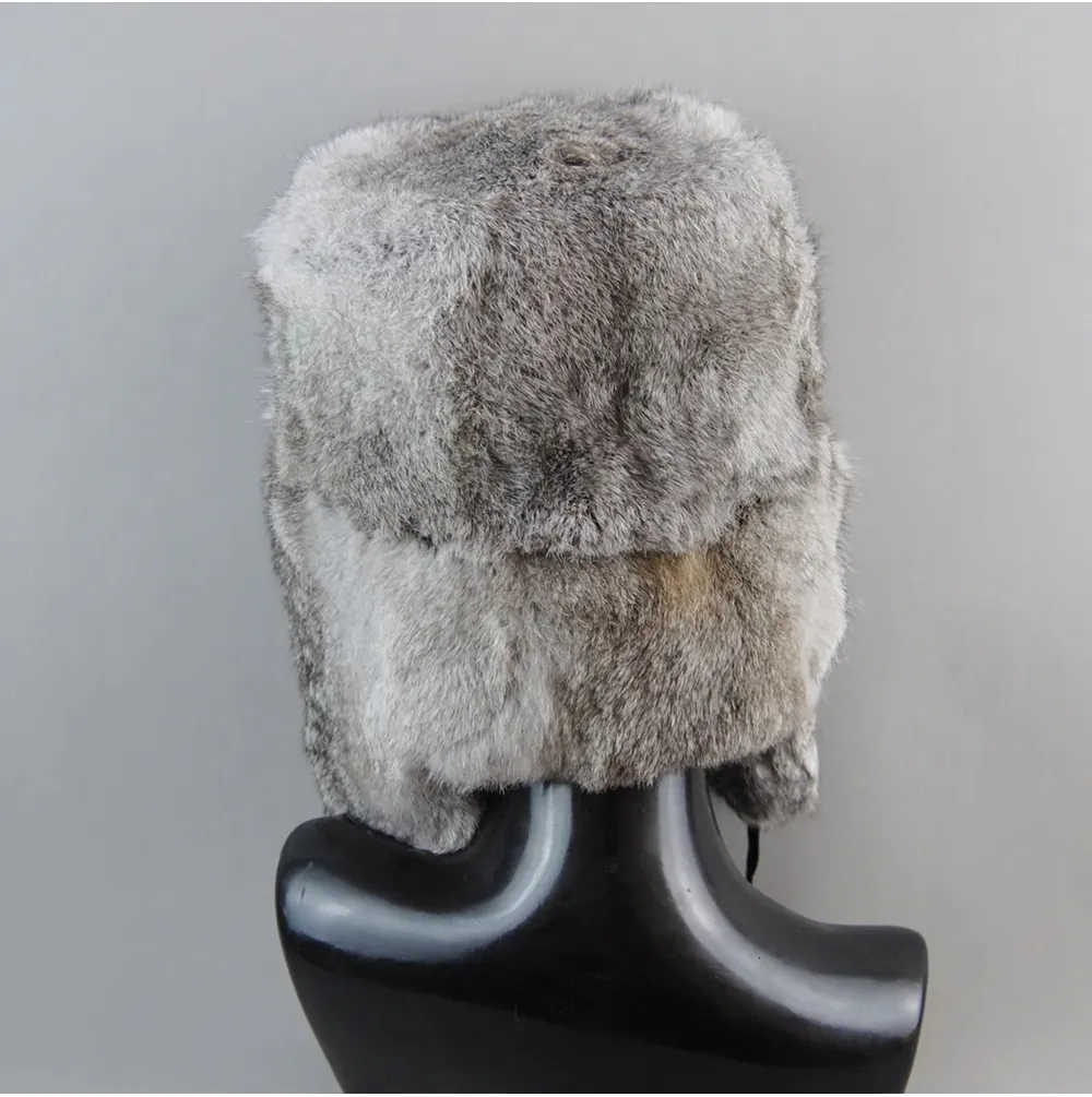 BeanieSkull Men's Caps Natural Bomber With Earflaps Winter Unisex Warm Russian Ushanka Hat Real Rabbit Fur Hats 231017_voghion.com