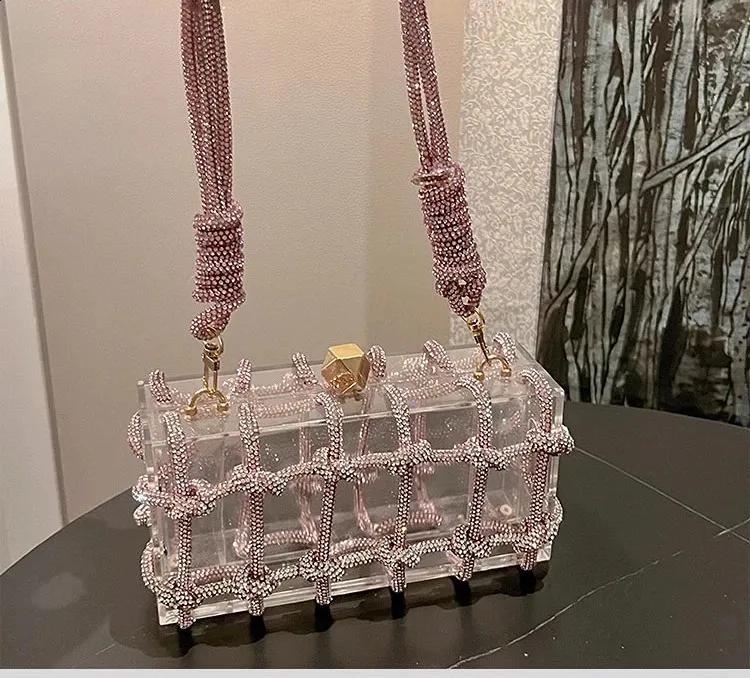 Dia átlátszó akril dobozos esti kuplungtáskák női butik szőtt csomózott kötél rhie pénztárcák és kézitáskák esküvői parti_voghion.com