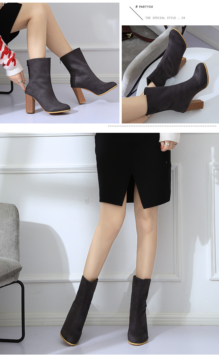 Bottes Martin à bout pointu et mi-tube pour femmes, talons hauts, à la mode, slim, fermeture éclair au dos, en daim, talon épais, nouvelle collection_voghion.com