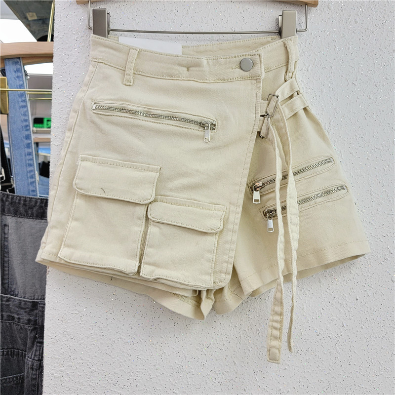 Damen-Shorts, koreanische Version, unregelmäßige Arbeitskleidung mit mehreren Taschen, A-Linien-Shorts für Damen, lockeres, weites Bein, 2024 Frühling/Sommer, neuer Jeansrock_voghion.com
