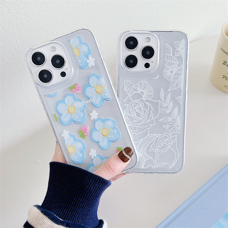 Blommigt genomskinligt telefonskal för iPhone 15 14 Plus 13 12 11 Pro Max stötsäkert silikon mjukt TPU bakstycke_voghion.com
