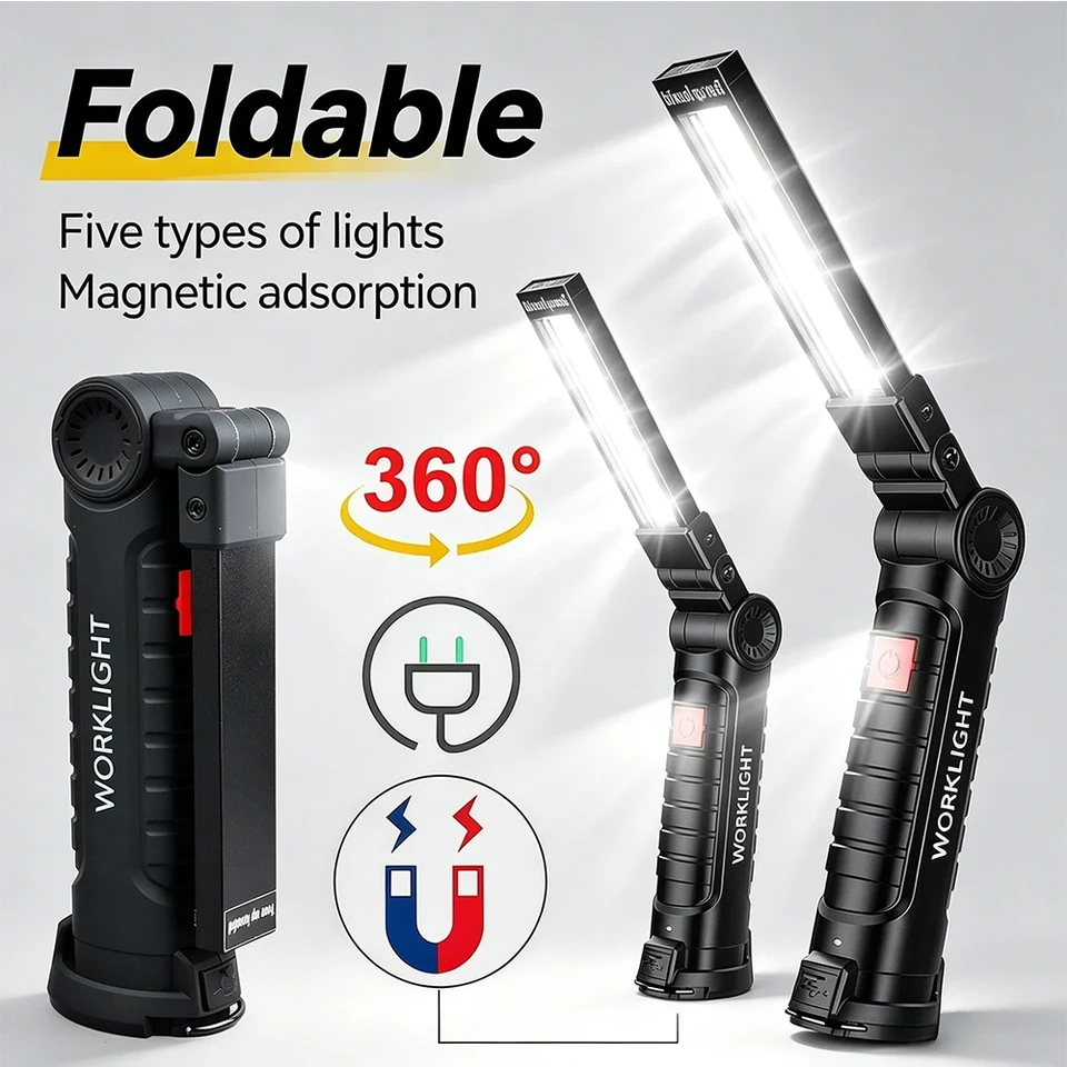 LED-COB-Taschenlampe, USB-wiederaufladbar, Inspektionslampe mit Magnet, Haken, 360° drehbar, Notfluter, Außenlaterne_voghion.com