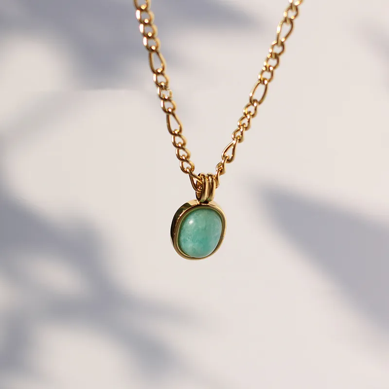 Colliers pendentifs rétro mode vert menthe pierre naturelle romaine ovale chaîne de clavicule bijoux exquis en acier inoxydable_voghion.com