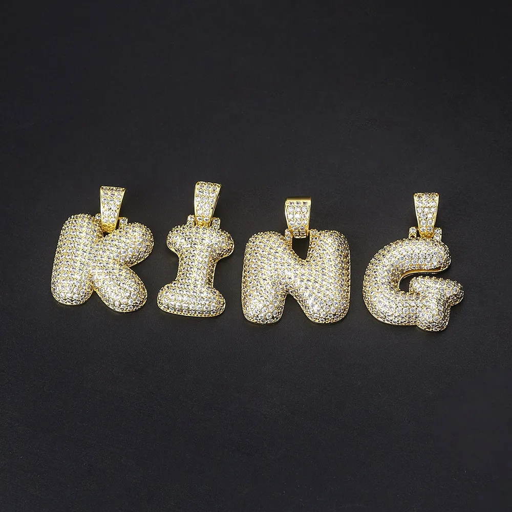 Anhänger Halsketten HipHop Bubble 26 Buchstaben Alphabet Name Initialen Iced Out CZ Halskette Edelstahlkette Rapper Punk_voghion.com