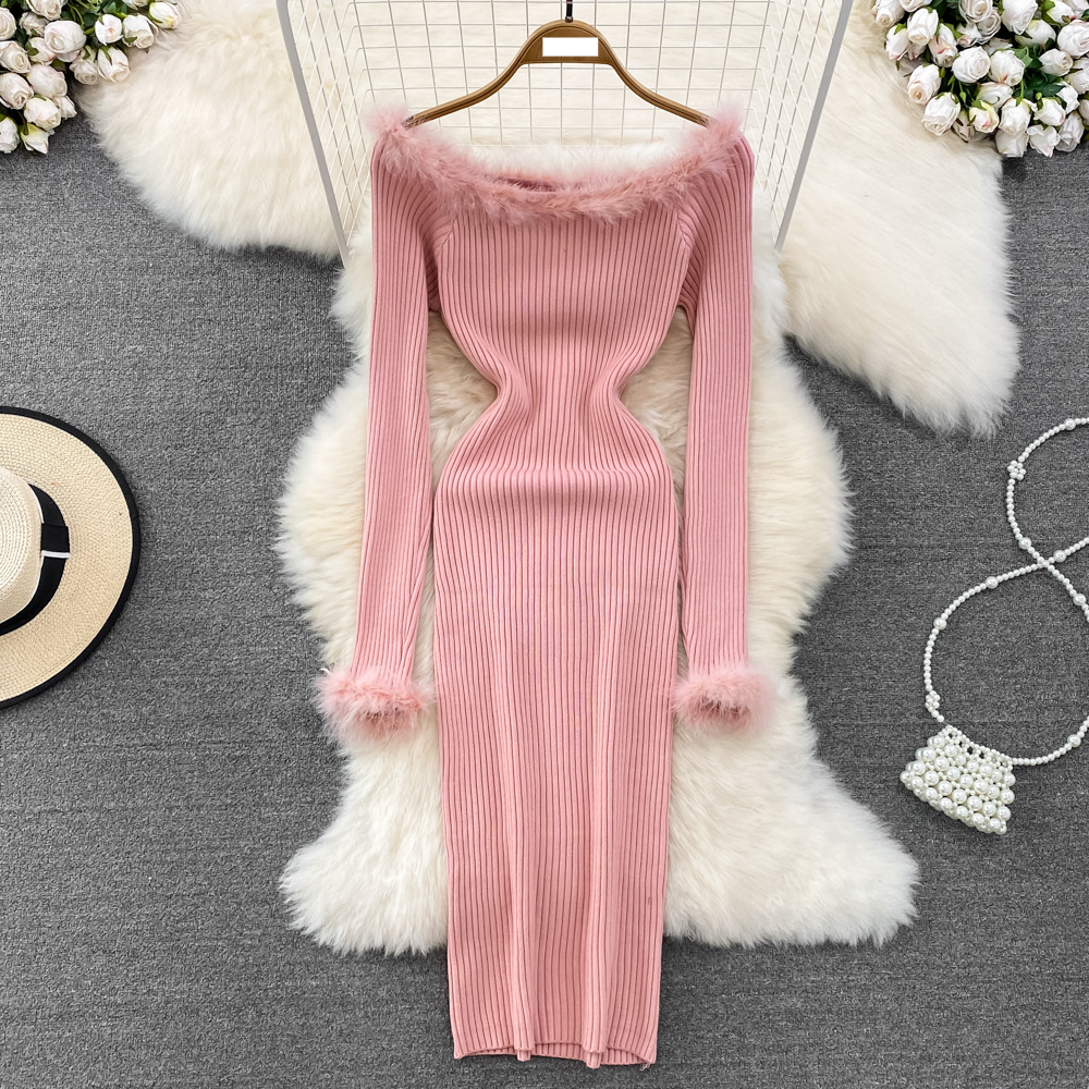 Women's Clothing Autumn and winter French retro temperament fur splicing one shoulder off shoulder slim fit hip wrapped bottoming knitted dress