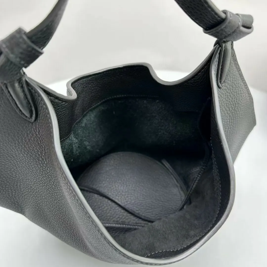 Black Real Calf Leather Mini Lotus Bucket Bag Top Handle Handbag For Women 2024_voghion.com