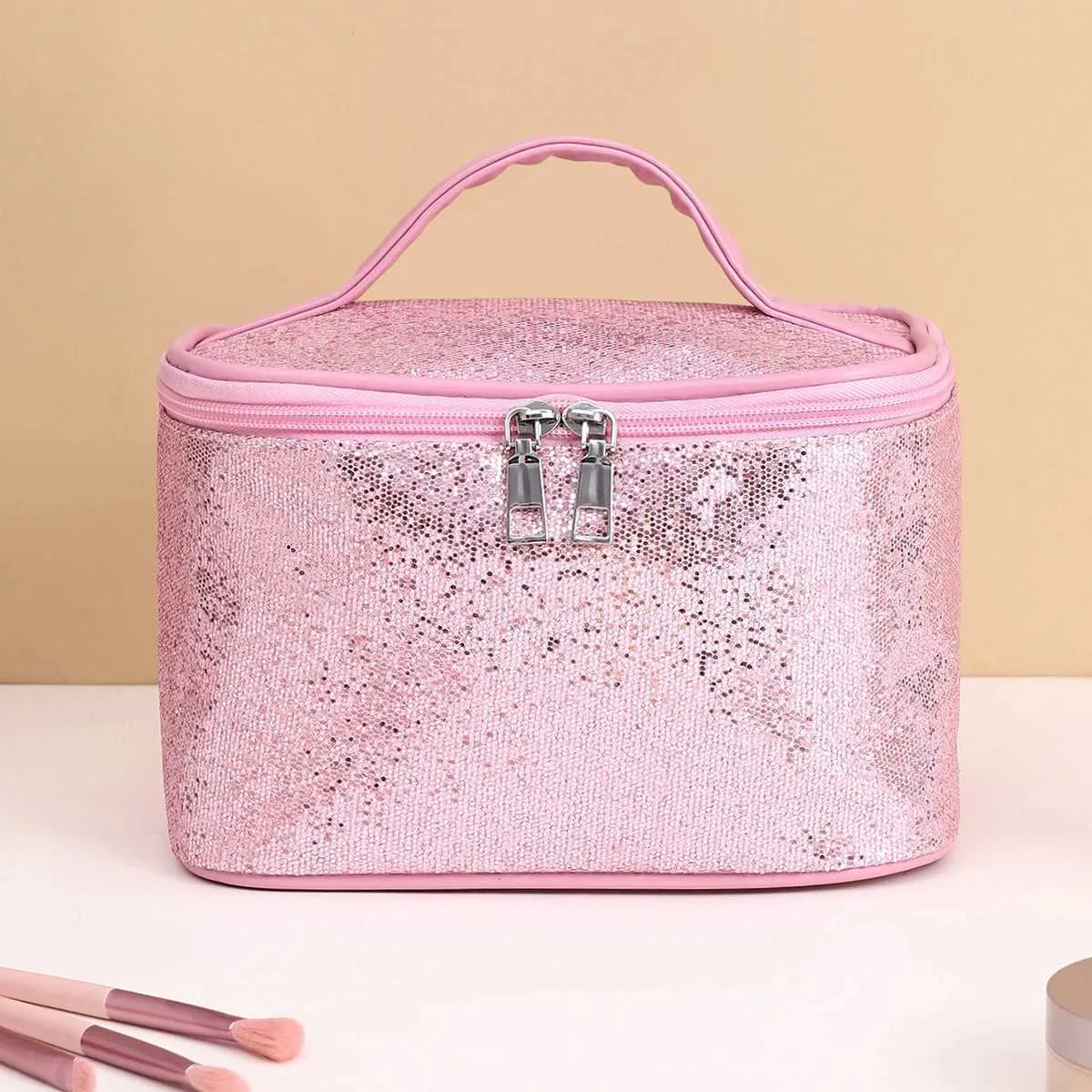 Tragbare, faltbare Make-up-Tasche mit rosa Glitzer Y241023_voghion.com
