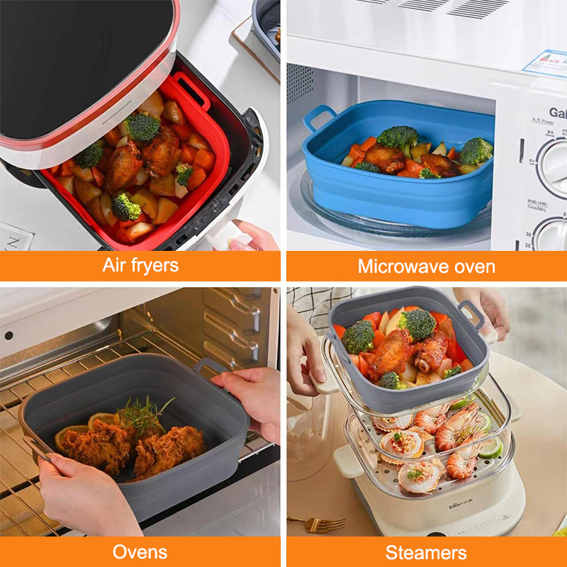Faltbarer Silikon-Luftfritteusen-Einsatzkorb, quadratische Form, wiederverwendbar, für den Airfryer, Backofen, Lebensmittel, Backen, Pizza, gebratener Topf, Tablett, Küchenzubehör_voghion.com