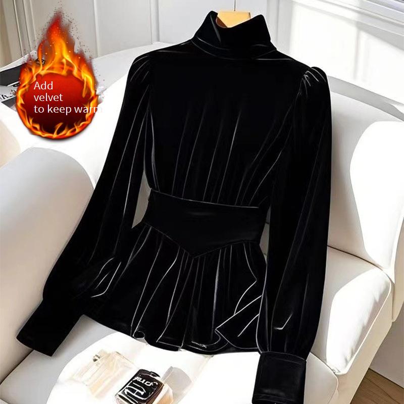 Camicia donna in velluto a maniche lunghe elegante nera ufficio_voghion.com