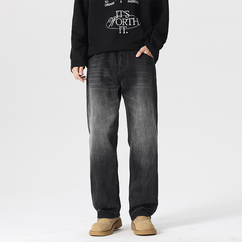 Men’s Vintage Washed Black Jeans, Relaxed Fit Wide Leg Casual Trousers For Autumn Winter, High Street Style, Straight Cut, Cotton Blend