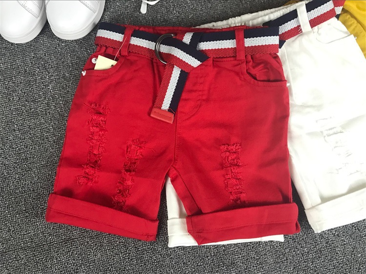Mother&Kids Children's red, white and yellow shorts with belt 5 minutes shorts with stretch ripped pants_voghion.com