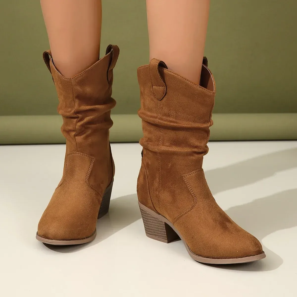 Women Pleated High Heeled Ankle 2024 Autumn New Pointed Toe Brown Cowboy Boots Woman Pu Leather Botas Shoes Plus Size 42_voghion.com