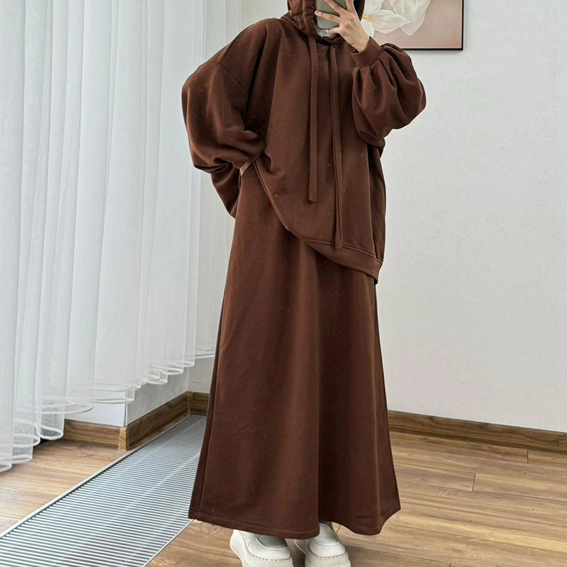 Women's Clothing Long Sleeved Hooded Loose Coat Skirt Casual Suit