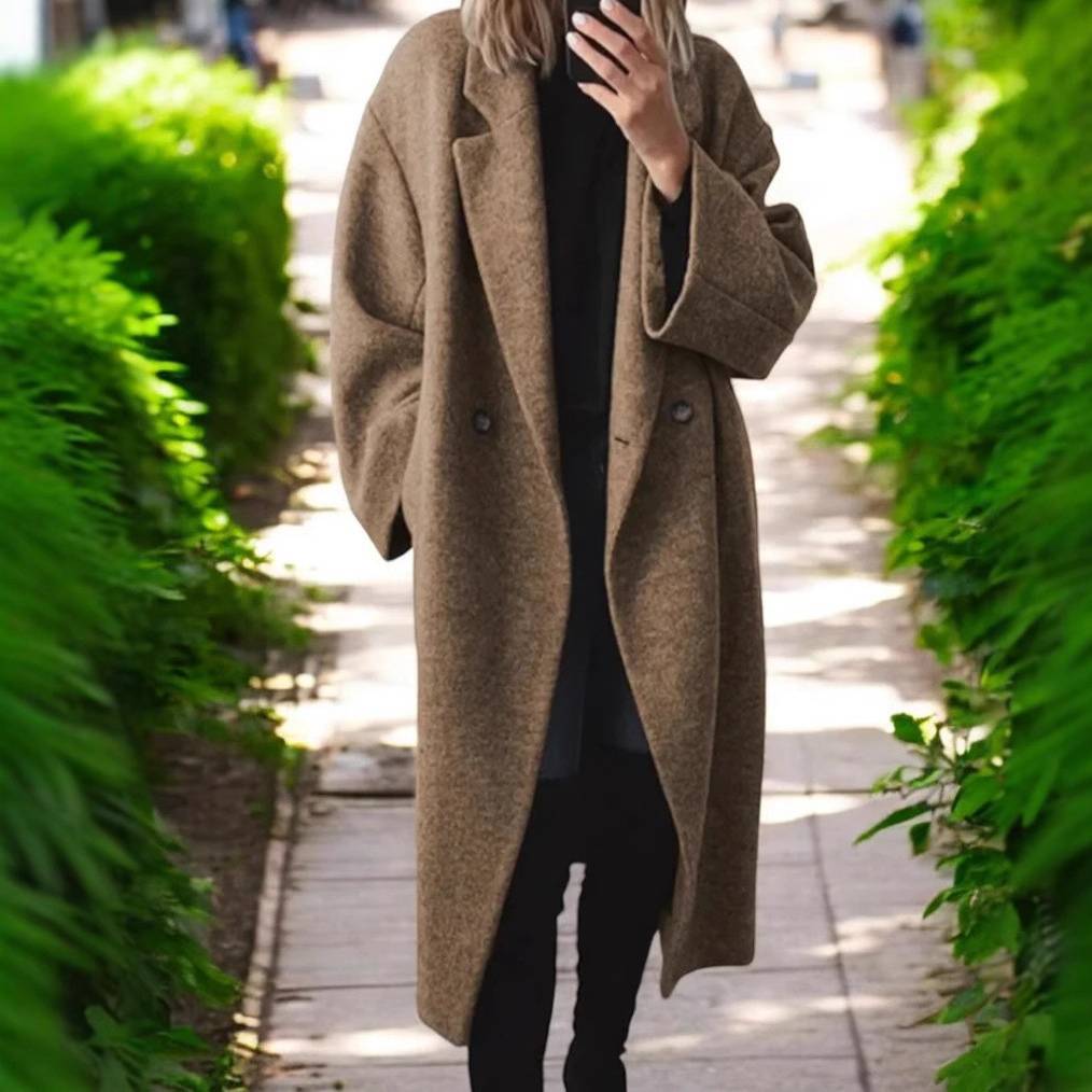 ​​"Elegant Long Wool Blend Trench Coat For Women - Slim Fit, Single-Breasted, Classic Lapel, Multiple Colors & Sizes (Black, Gray, Brown, Navy)"​​_voghion.com