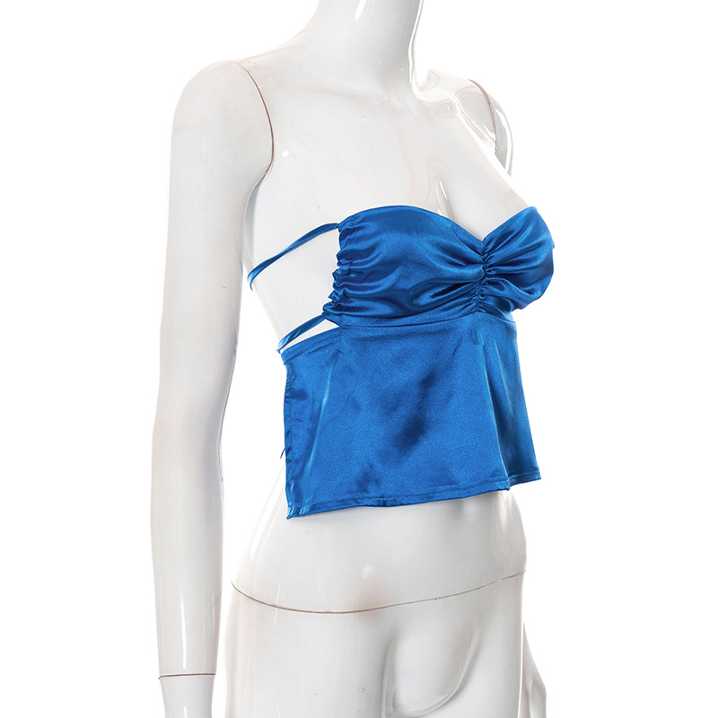 D22TP135 Estate Nuovo 2024 Tinta unita Lace up Collo Appeso Senza Maniche Ombelico Aperto Indietro Canotta da Donna_voghion.com