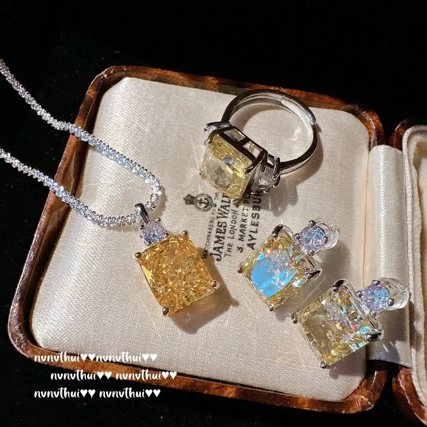 Sterling Sier Donna Set Lab Diamante Zircone Giallo Collana Anello Orecchini Donna Sposa Gioielli da Sposa 240119_voghion.com