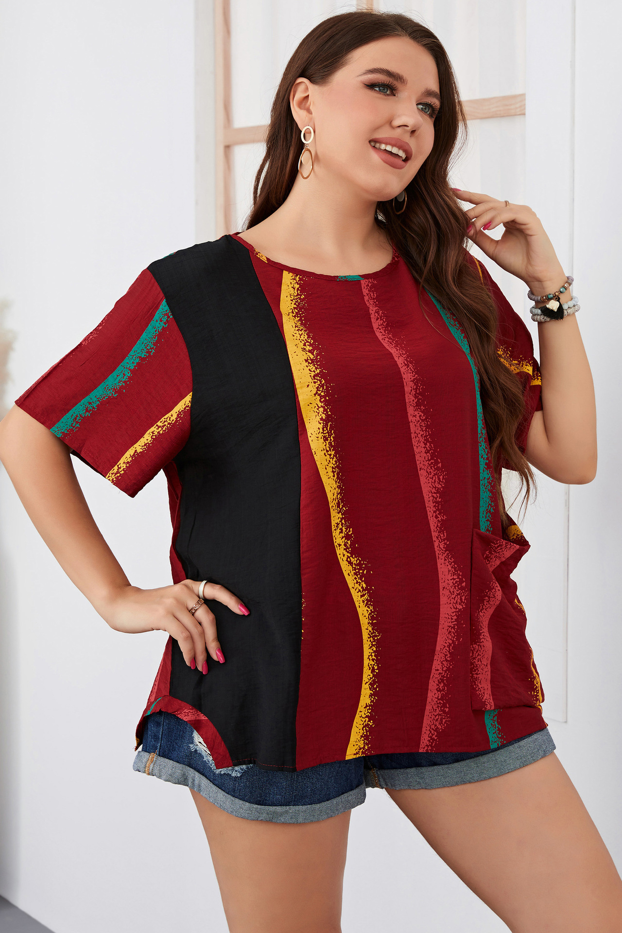 Women's striped contrast color large size women's shirt slim round neck women's clothing_voghion.com