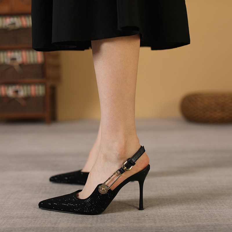Elegant Rhinestone Women's Singles Shoes With A One Line Buckle Versatile Shallow Cut Shoes, Pointed Thin High Heels,