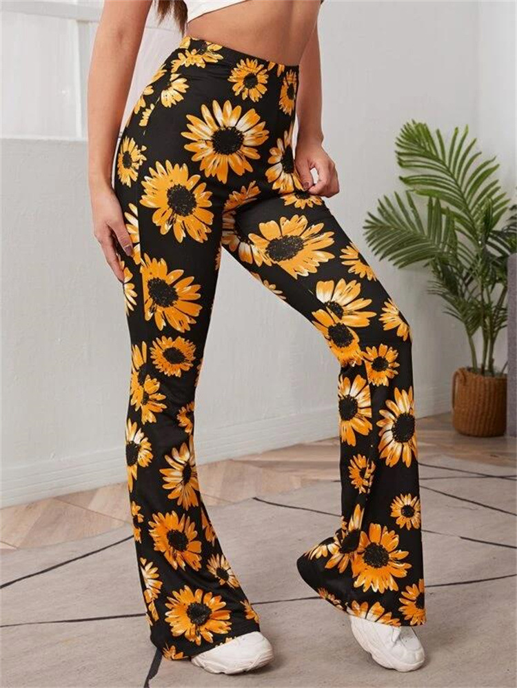 Neue Frühling und Herbst Atmungsaktive Sonnenblumen Blume Hohe Taille Hohe Elastische Casual Hosen_voghion.com