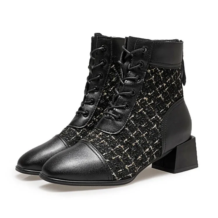 Stivali da donna alla moda con tacco alto, allacciati sul retro, con cerniera, a quadri con mille uccelli, spessi e quadrati, versatili_voghion.com