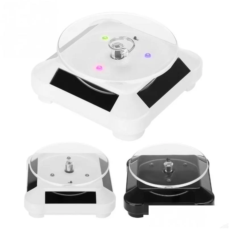 Stand Jewelry Organizer 360 Degrees Solar Showcase Turntable Watch Phone Rotation Holder Box With Led Light Ring A Drop_voghion.com