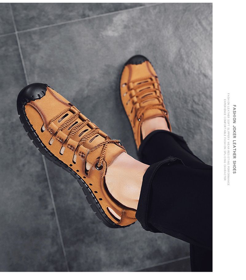 Sommer nye herresandaler, udendørs strand håndlavede hule åndbare fritidssko med hul, snørebånd indpakkede lædersko_voghion.com
