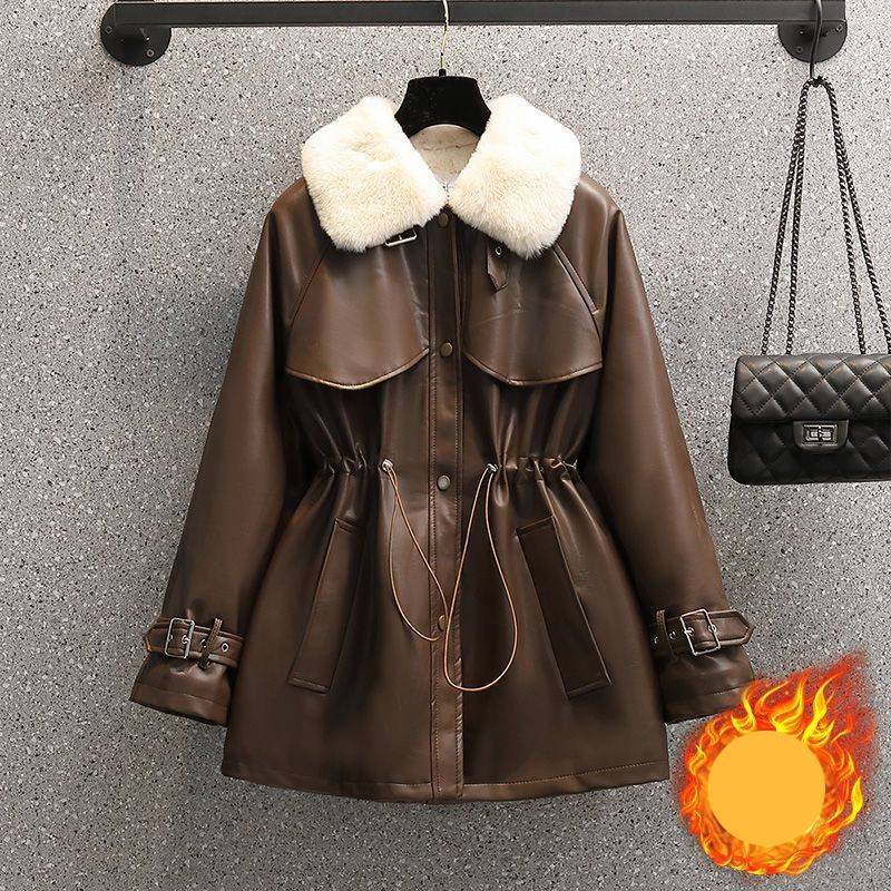 Women's Clothing Autumn And Winter Plus Size Women's New Temperament Waist Fur One Piece Motorcycle Plush Leather Jacket Women_voghion.com